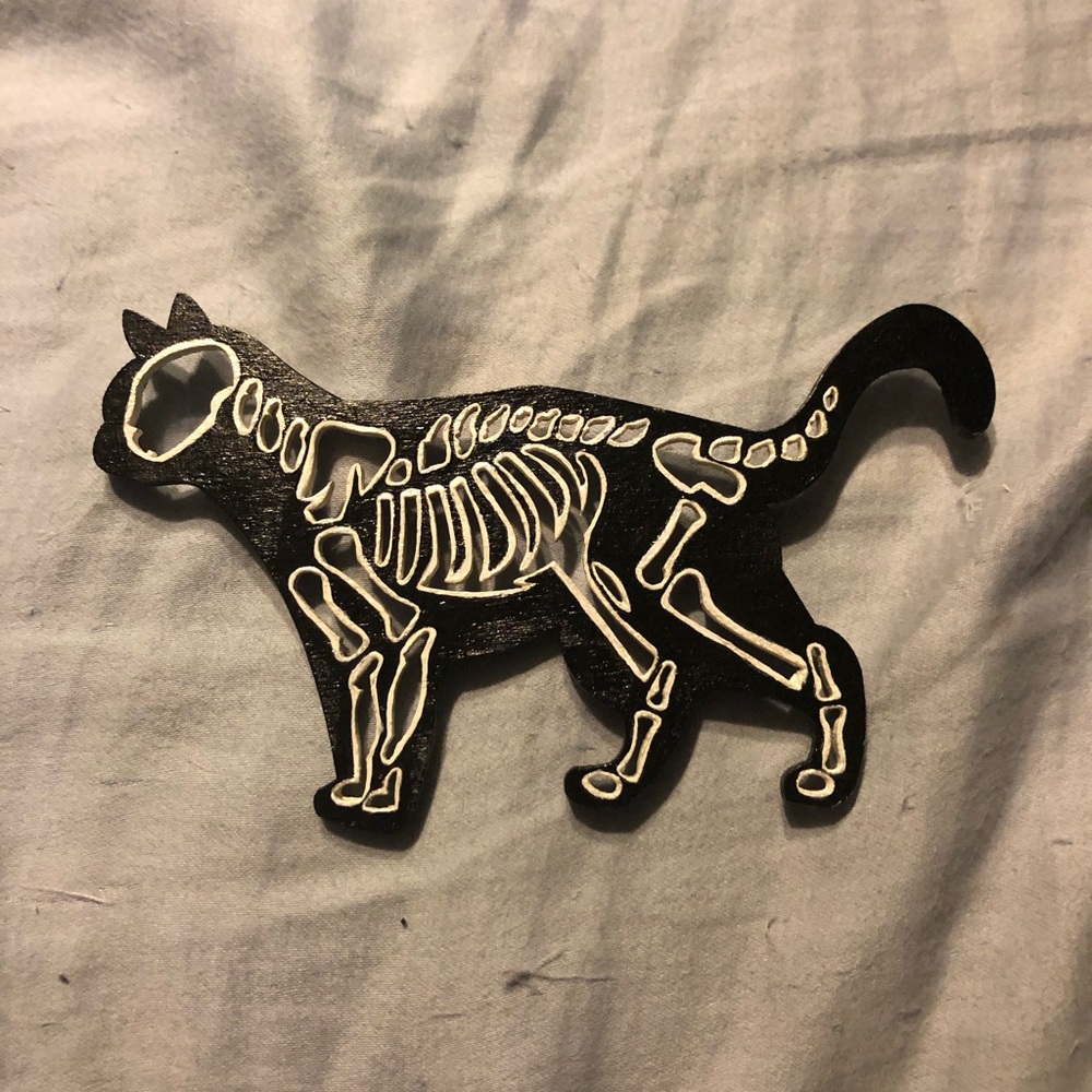 Handmade Wooden Cat Skeleton Brooch